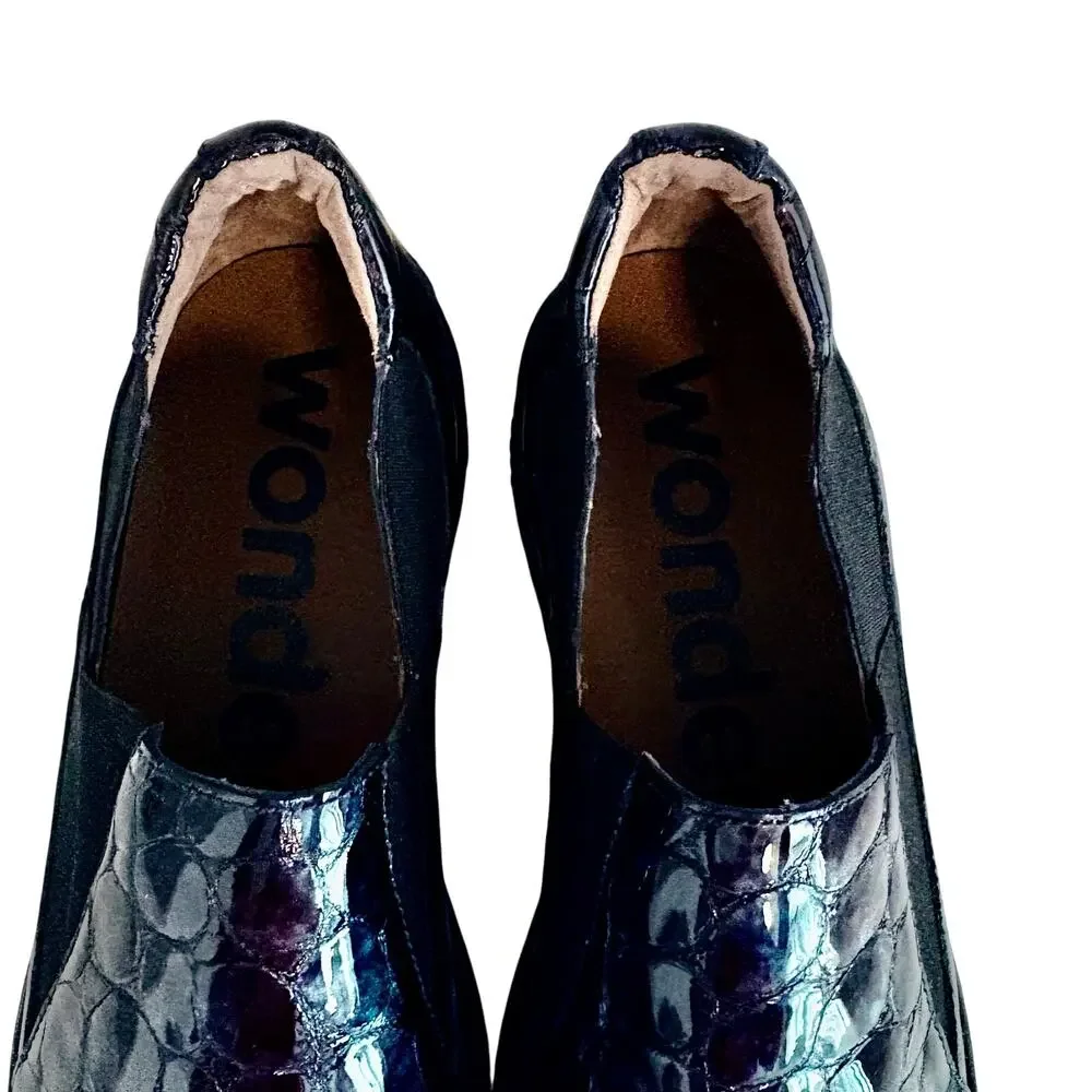 Wonders Spain Barbun Patent Leather Croc Embossed Wedge Platform Slip On Shoes